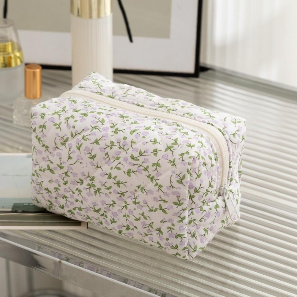 Portable Floral Quilting Cotton Makeup Bag Large Capacity Multifunctional Toiletry Handbag Lightweight Cosmetic Organizer Women