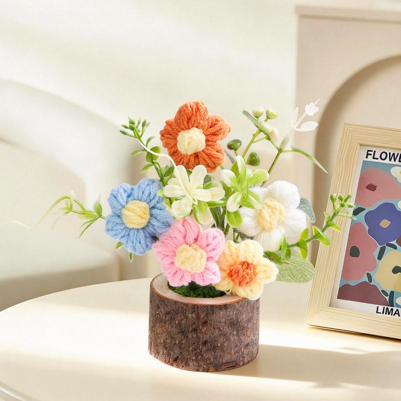 Office Potted Plants Knitted Rose Bouquet Artificial Flower Valentine's Day Party Home Decoration Anniversary Gift Wedding Decor