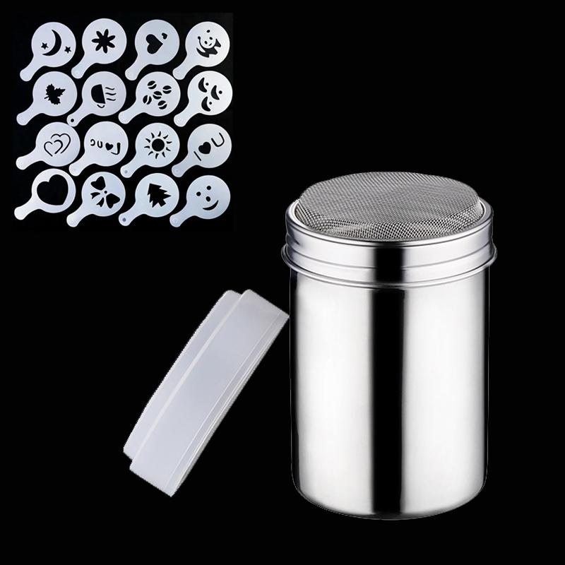 

Stainless Steel Coffee Shaker With Lid Cocoa Chocolate Flour Powdered Sugar Sieve 16pc Coffee Molds Kitchen Filter Cooking Tools