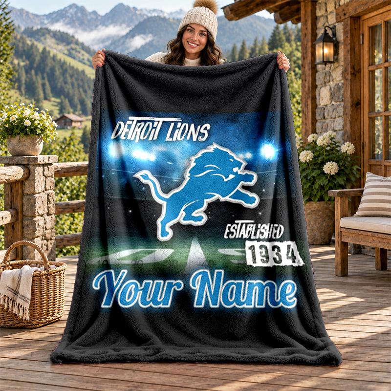 Detroit Lions Custom Name Flannel Blanket Personalized Soft Warm Plush Throw Blanket Customized Gift for Family Friends