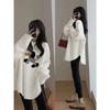 Women's White Fleece Base Layer Long-Sleeve T-Shirt with Shark Pants - Loose and Thick for Autumn/Winter.