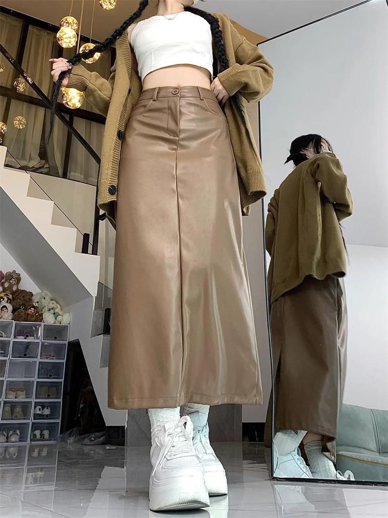 Retro pu leather skirt skirt women's large size fat mm autumn and winter new hip skirt high waist and thin meat-covering split skirt