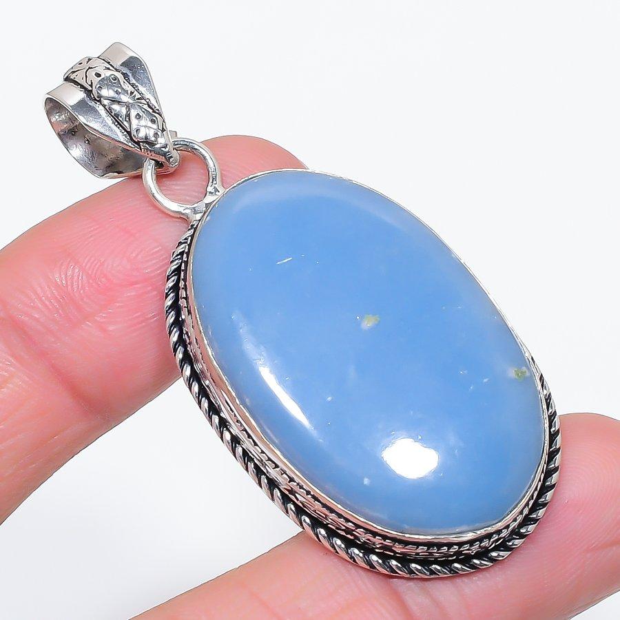 Natural Angelite Stone Gemstone 925 Sterling Silver Jewelry Pendant 2.29" u3L06