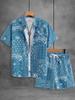 2-piece Men's Paisley Print Shorts and Shirt Set, Drawstring Waist Summer Beachwear