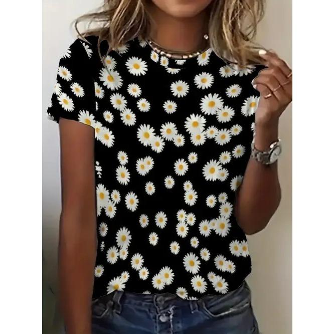 Summer Round Neck 3D Flower Butterfly Pattern Print Top Fashionable Casual Retro Short Sleeved Women's T-shirts