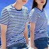 Blue and White Striped Man's Short Sleeved Top Sea Soul Shirt Oversized Stripe T-Shirt   Summer