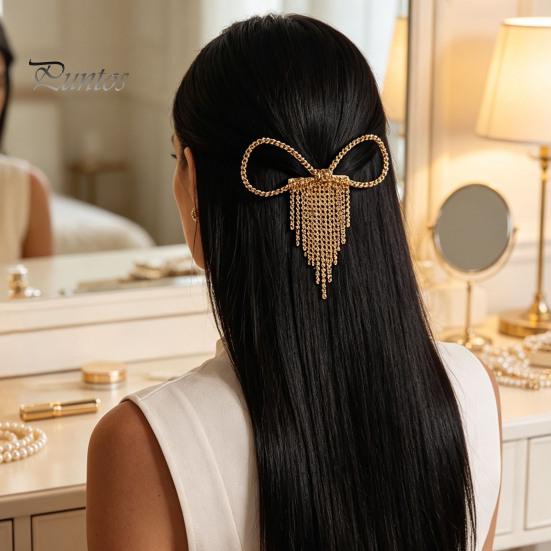 Hollow Bow Hair Clip Clip, Short Chain Tassel Hairpin, Metal Elastic for Medium Bowknot Ponytail Holder Accessories Women Girls Gold Plated