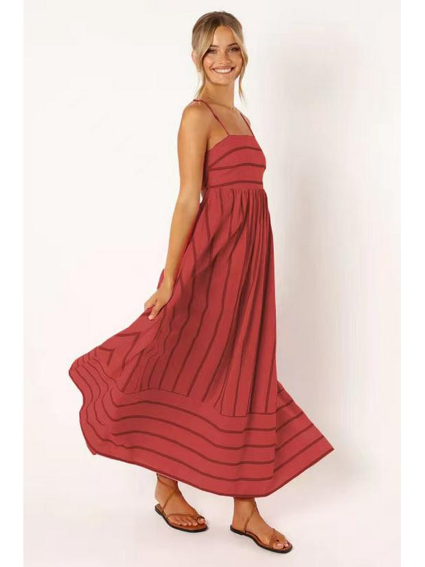 Spring/Summer 2024 Striped Off-Shoulder Wide-Hem Camisole Dress - Fresh Casual Vacation Style