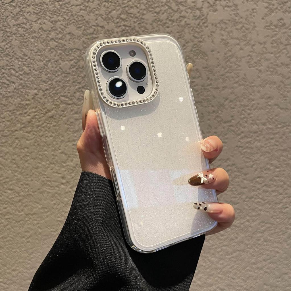 Custodia in Gel Glitterata Monocolore con Cornice Lente in Strass per iPhone 16 Pro Max