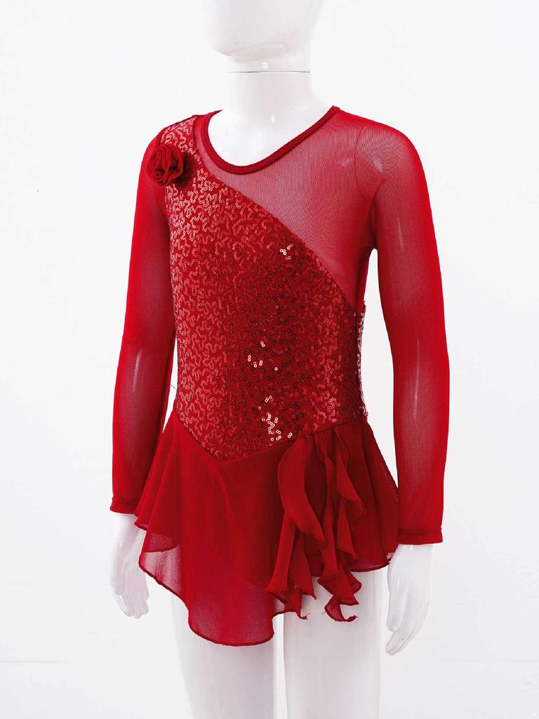 Girls Long Sleeve Dance Dress Round Neck Sequins Flower Front Hollow Back Performance Costume