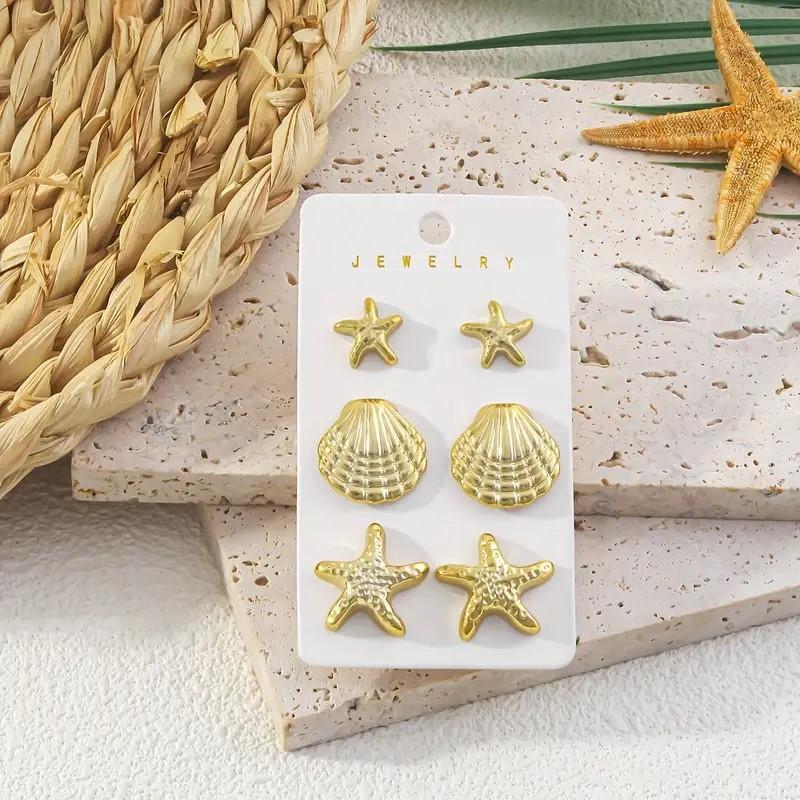 1 Set Elegant Cute CCB Starfish Shell Stud Earrings for Women Summer Vocation Style Fashion Earrings Party Jewelry Gifts
