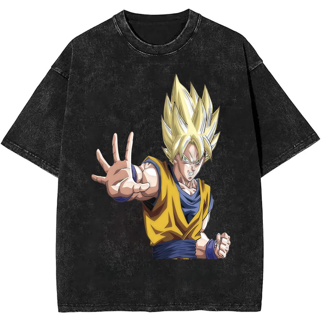 2026 Summer Dragon Ball Nostalgic T-Shirt 100% Cotton Heavyweight Washed Retro Oversized Men's Anime Print Streetwear Unisex