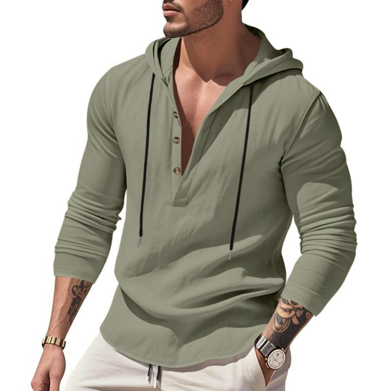 Men's Spring and Autumn Long-sleeved Linen Shirt Hooded Bottoming Shirt Casual T-shirt Sweater Men
