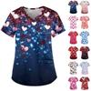 Women's Cute Printed Work Clothes V-neck Double Layer Pockets Basic Short Sleeve Top Pullover Christmas