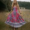 Women Sleeveless Maxi Dress Summer V Neck Long Casual Bohemian Style Spaghetti Strap Printed Sundress with Flared Hem