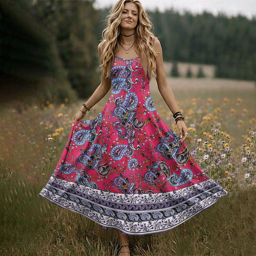 Women Sleeveless Maxi Dress Summer V Neck Long Casual Bohemian Style Spaghetti Strap Printed Sundress with Flared Hem