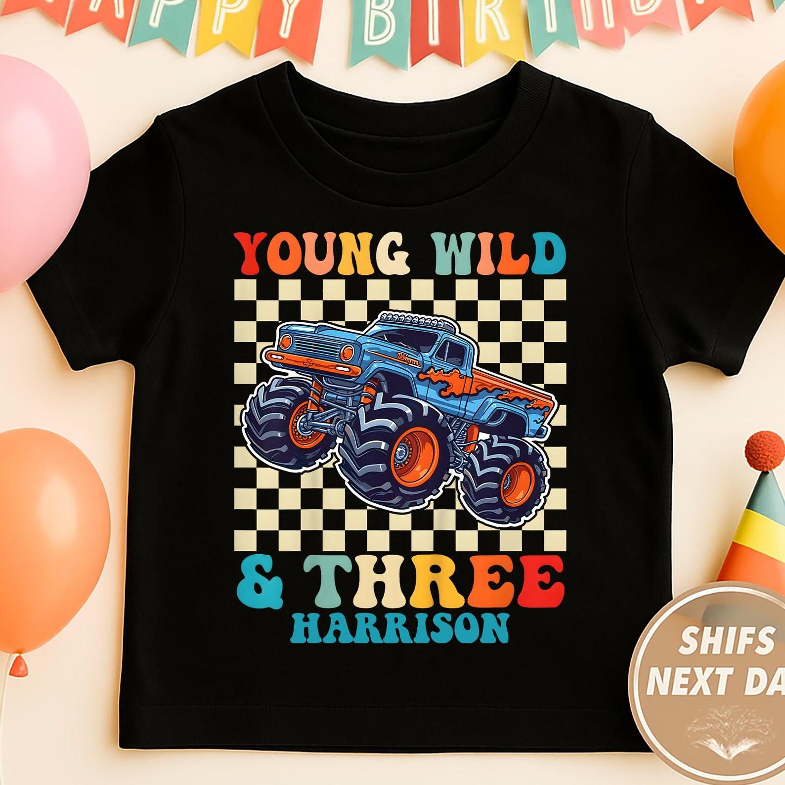 Personalized Young Wild & Three Monster Truck Kids Shirt, Custom Name 3rd Shirt, Retro 3rd Birthday Monster Truck Shirts, Pit Crew Shirt 100