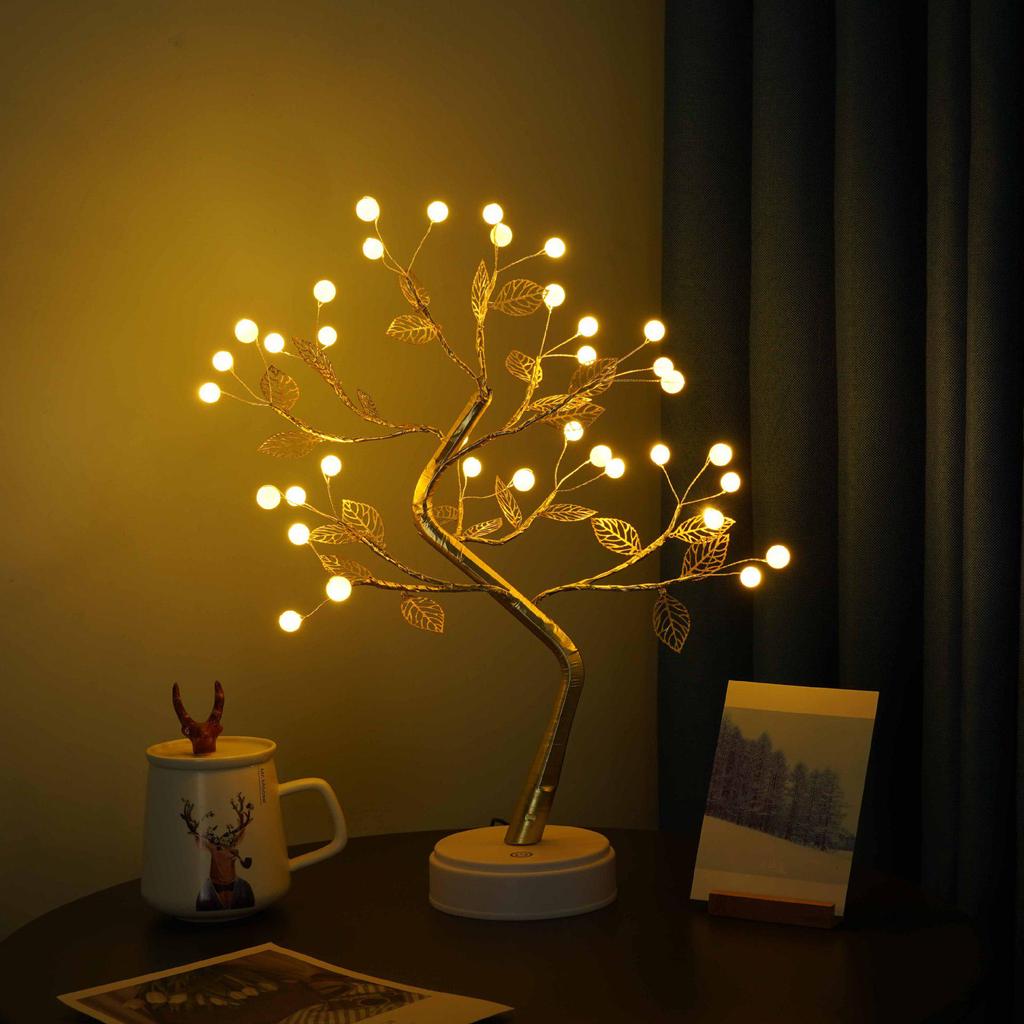LED Bonsai Tree Lamp: Silver Branches with Pearls and Gold Leaf, Perfect for Christmas or Night Lighting