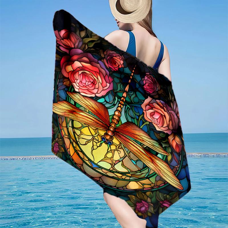 Stained Glass Dragonfly Garden Beach Towel, Super Soft Microfiber, Gift for Her/Him, Birthday, for Pool, Beach, Travel, Home Decor Fan Gifts