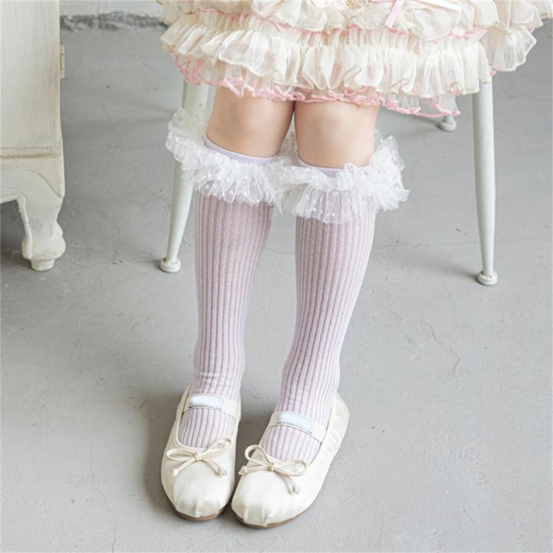 Sweet Style Mesh Dress Socks with Decorative Edge Accent for Toddler Girls Formal Event Under Knee Length Stockings