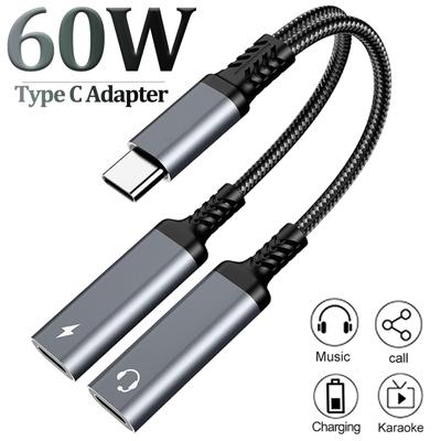 Adattatore audio splitter USB C OTG 2 in 1 a doppio jack per cuffie USB C, caricabatterie rapido PD da 60 W per Samsung Huawei iPhone15 Xiaomi
