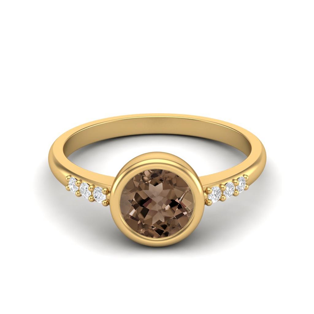 1.02 Ctw Round Smoky Quartz 925 Sterling Silver Gold Vermeil Bezel Set Solitaire Wedding Ring