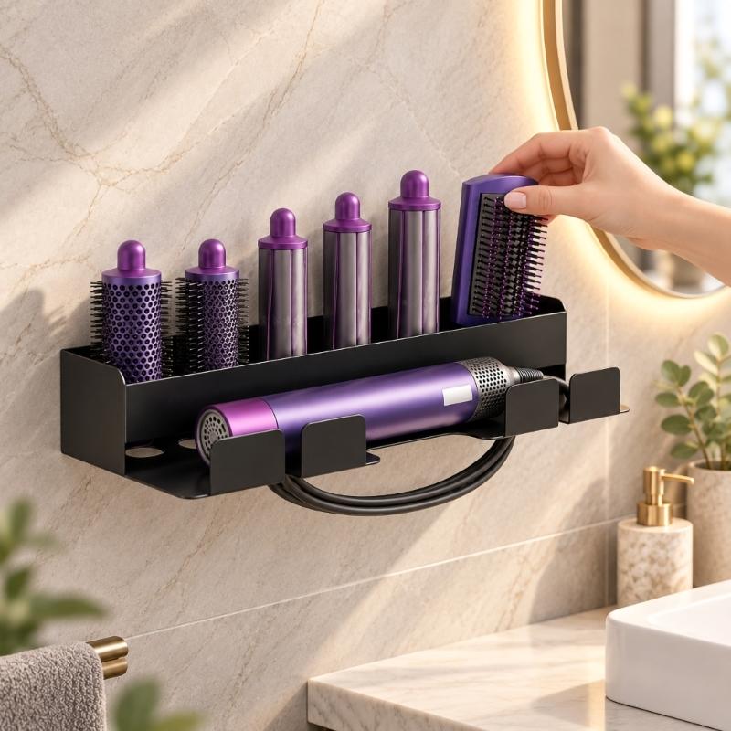 Adhesive-Mounted Hair Dryer and Curling Iron Holder with Open Wall Storage and Front Cord Retainers for Dressing Spaces