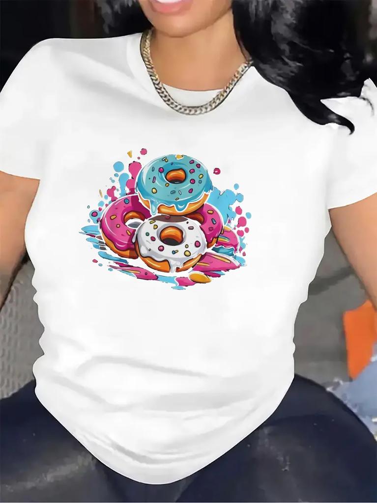 Short Sleeve T-Shirt with Colorful Donut Print, Made of Durable Cotton Fiber, Lightweight and Comfortable for Casual Wear in Kitchen