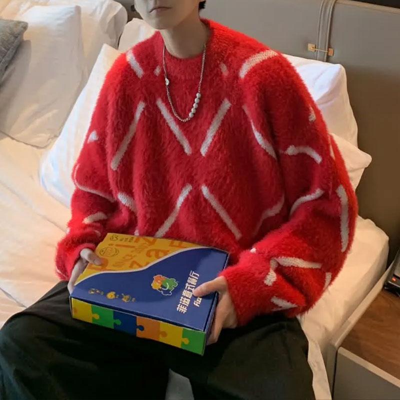 

Vintage Contrasting Colors Argyle Pullovers Knitted Autumn Winter Loose Men s Clothing Round Neck Casual Basic Sweaters L красный