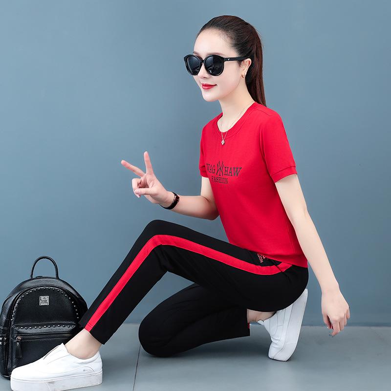 95% Cotton Elastic Stylish Women's Summer Leisure Sports Set: Short-Sleeved T-Shirt & Trousers