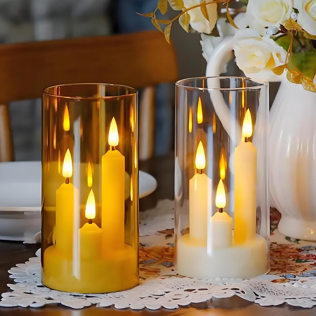 2/3Pc 3 in 1 Flickering Taper Candles Flameless Window Candles 5/8/10CM Tall Lighting with lampshade for Christmas Wedding Decor