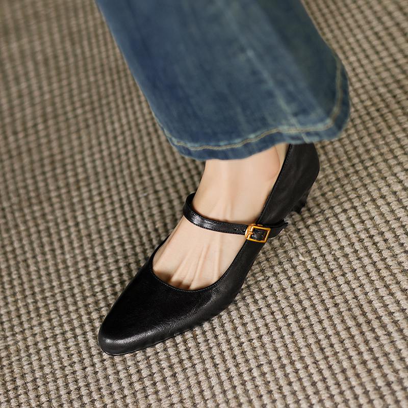 Krazing Pot Sheep Skin Summer Spring Autumn Winter Med Heels Women Round Toe Mary Janes Shallow Pumps