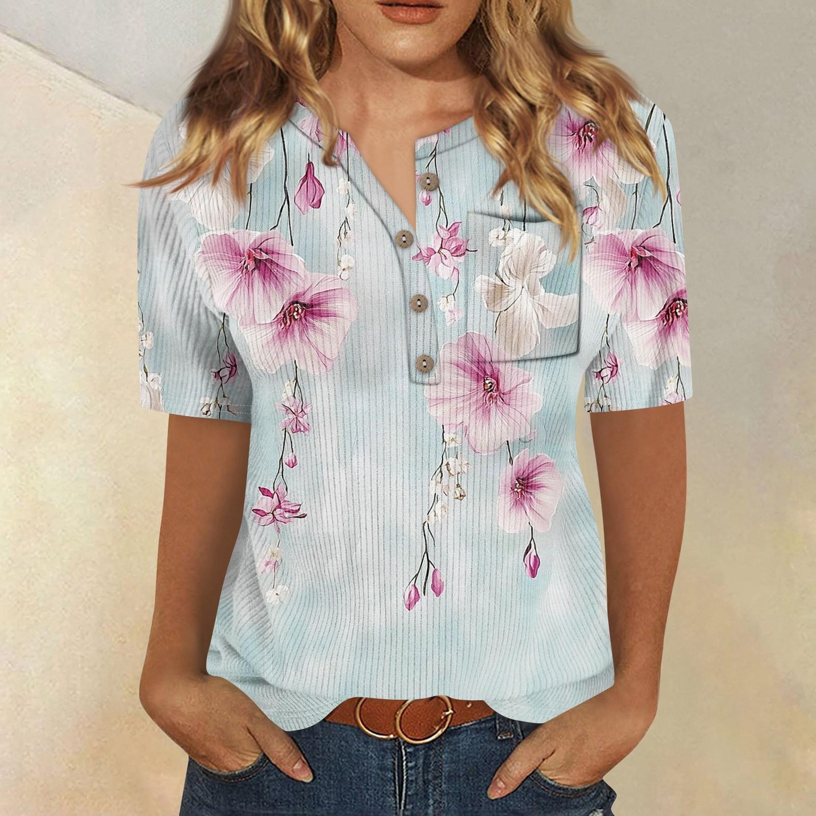 

Футболки для женщин, плиссированные, с V-образным вырезом, нарядные, повседневные блузки с принтом, короткие рукава, летние топы, свободный крой L розовый