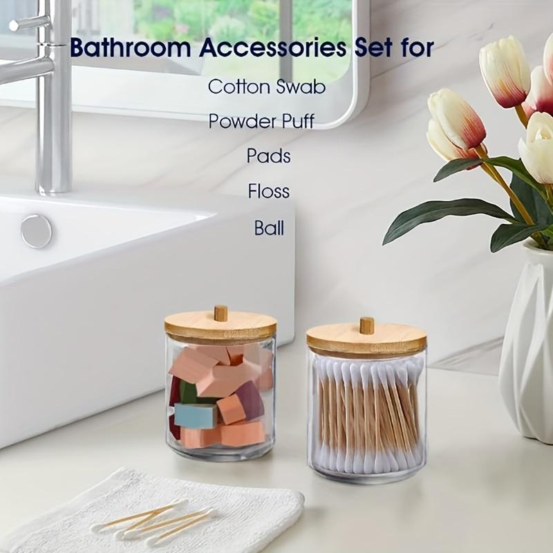 2 Pcs Porte-cotons-tiges Récipient de salle de bain avec couvercles en bois, 10 OZ, 7 OZ Distributeur de cotons-tiges, Pot organisateur d'apothicaire pour boîte de rangement