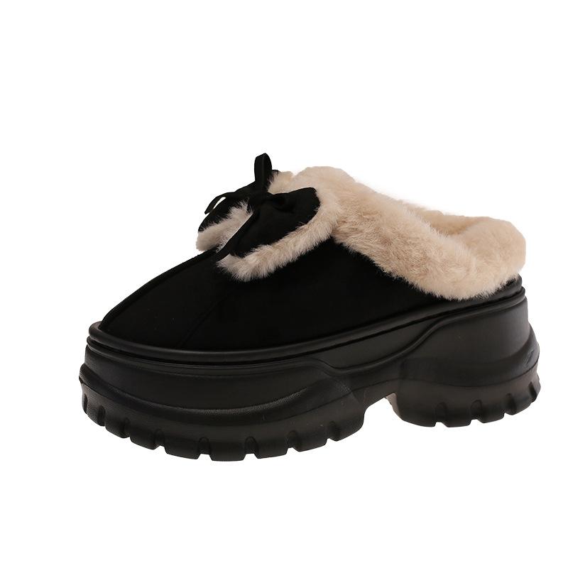 Cotton slippers women's winter fashion bow bag head velvet warm indoor and outdoor wear heightened thick bottom fluffy slippers