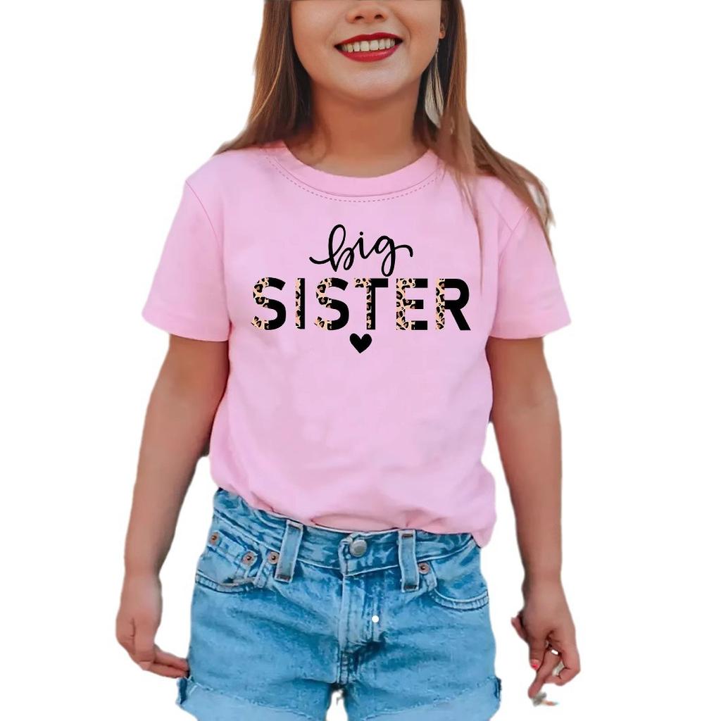 Camiseta Casual de Verão para Meninas com Estampa de Letras 'Big Sister', Moda Infantil com Manga Curta
