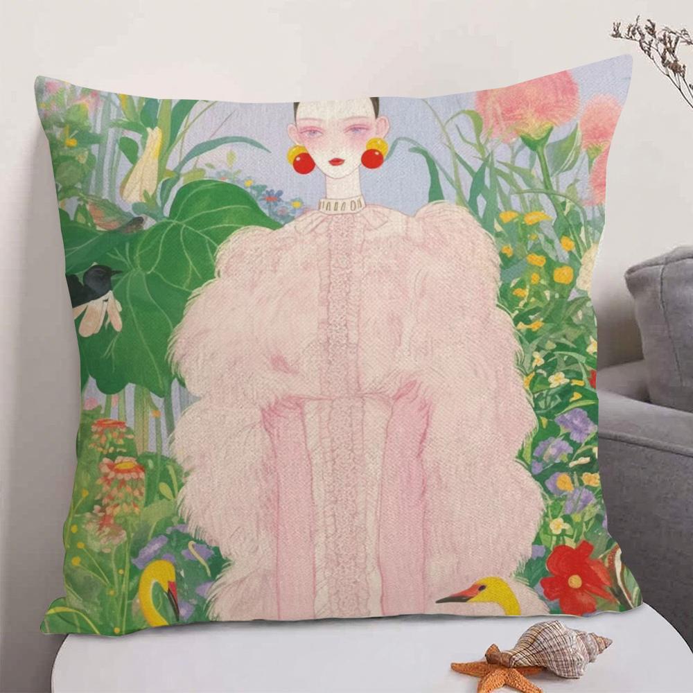 1PC Fashion Illustration Cushion Cover Natural Linen Organic Fabric DoubleSided Printing Sofa Home Decor Gift Pillow Case