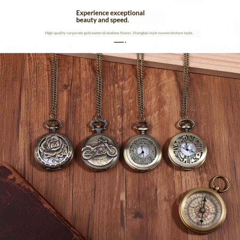 Bronze Retro Round Hollow Characteristic Quartz Pocket Watch Men's And Women's Fashion Necklace Pendant Jewelry Gift