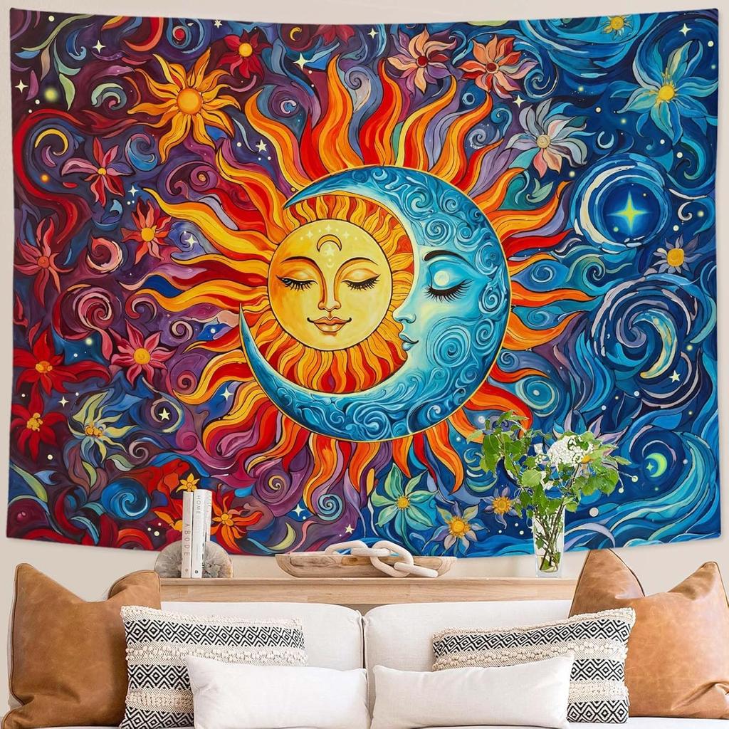 Sun and Moon Tapestry Boho Hippie Orange Red Blue Floral Tapestry for Bedroom Aesthetic Abstract Plant Flowers Small Tapestries