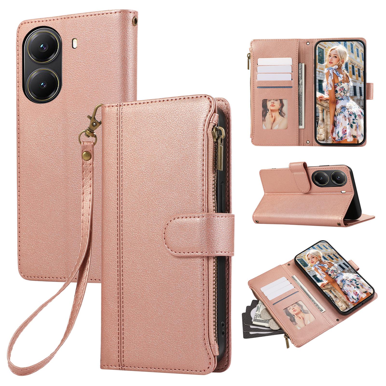 

Для Xiaomi Poco X7 Pro 5G/Redmi Turbo 4 5G Чехол с несколькими отделениями для карт, на молнии, кожаный чехол для телефона с ремешком на запястье Rose Gold