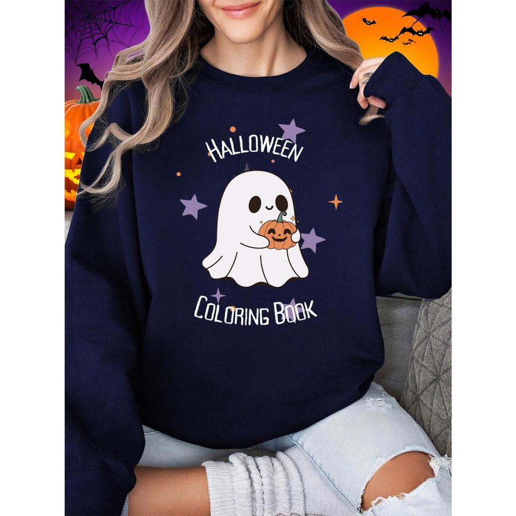 Halloween Coloring Book Printing Sweatshirts Women Winter Fleece Warm Hoodie O-Neck Loose Pullover Basics Sporty Womans Clothes