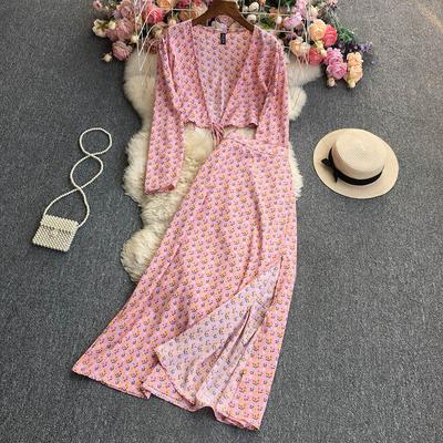 Women Vacation Bohemian Two Pieces Suits Summer Lace Up Top Split Long Skirt Sets