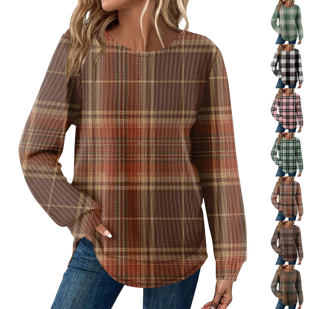 Women's Plaid Print Round Neck Long Sleeve Casual Loose Top