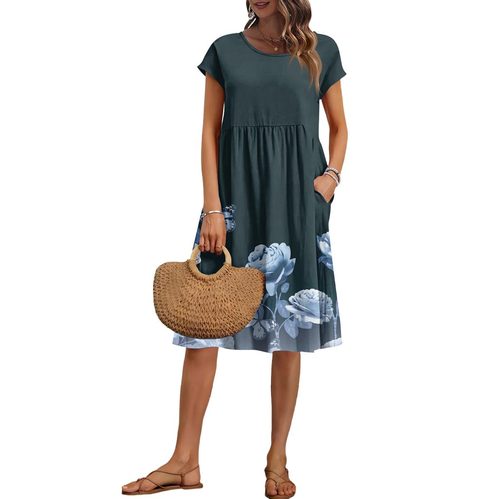 Women's Summer Fashion Casual Round Neck Short Sleeve Floral Print Dress