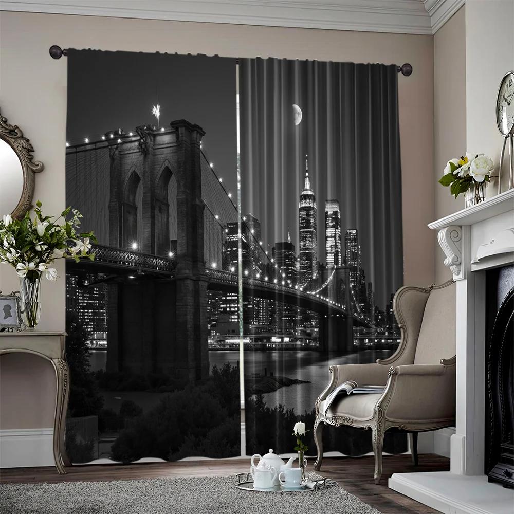 2pcs   2D flat Party Curtain Designer New York City Night View City Life Brooklyn Manhattan Machine Washable Fabric  Without 100*130 HOOK 1pcs
