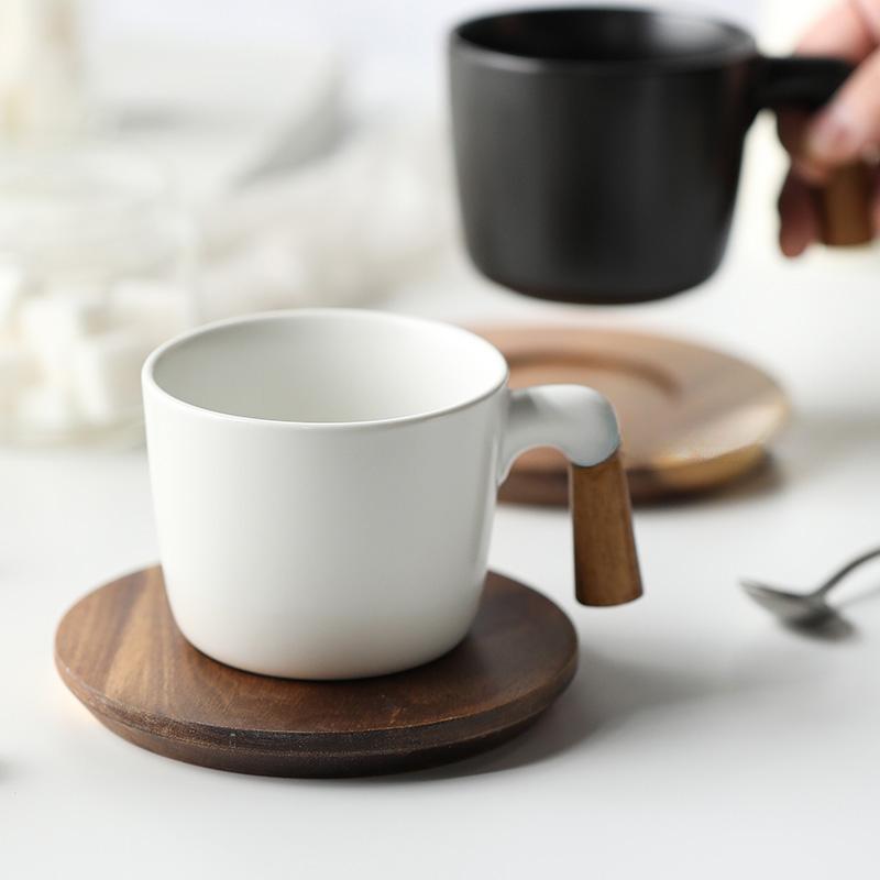 Creative Wood Handle Ceramic Coffee Cup Saucer Afternoon Tea Black Tea Cup with Wooden Pad Matte