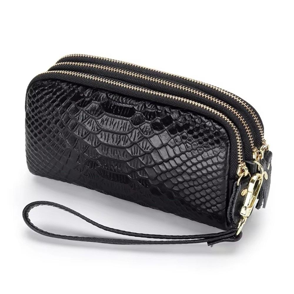 Solid Color Lady Clutch Crocodile Texture Long Zipper Genuine Leather Wallet Large Capacity 3-Layer Design Phone Bag for Women