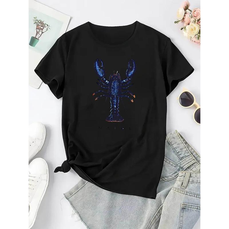 Creative Lobster Pattern Printed Women'S Trendy Short-Sleeve Shirt, Easy Casual Sports T-Shirt, Comfortable Summer Top for Holidays