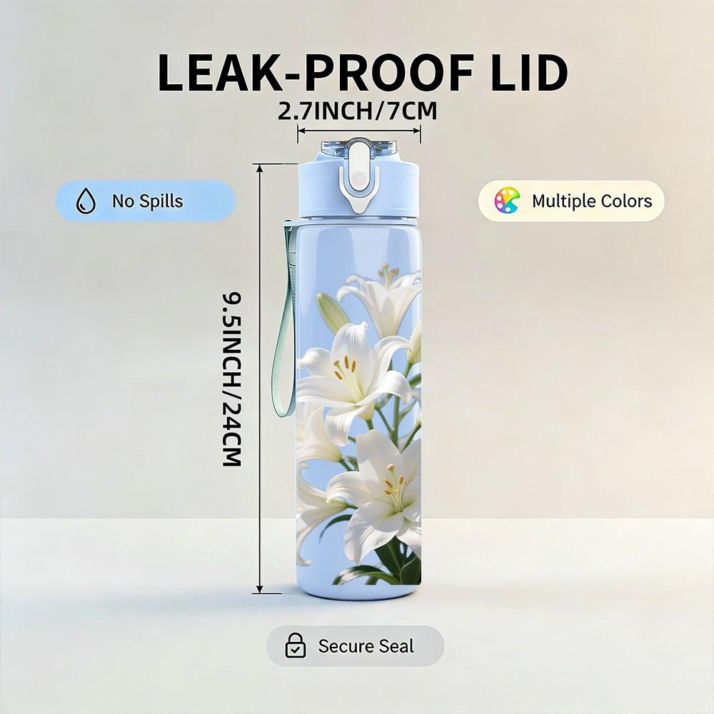 1PC White Cluster Lily Flower Print 750ml Color Plastic Sports Water Bottle Leakproof Flip Straw Lid Suitable for Sports Office Home Use