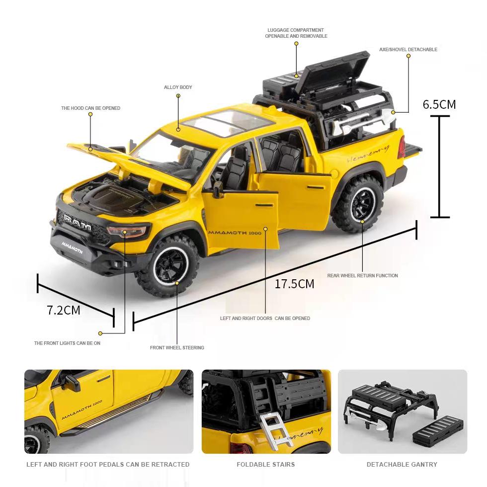 Dodge Hennessey Mammoth 1000 TRX Off-Road Pickup Truck Simulation Diecast & Toy Vehicles Sounds & Light Pull Back Car 1:32 Alloy Model